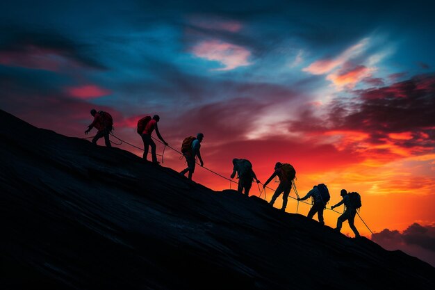 Alpinistas em silhueta contra um céu colorido