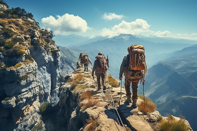 Alpinistas con equipo subiendo la montaña