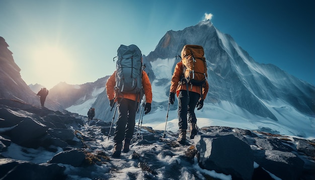 Foto alpinistas escalando os alpes alpinistas escalando a geleira com suas mochilas