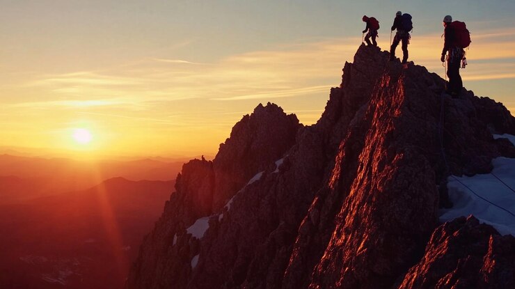 Foto alpinistas escalando un pico rocoso al atardecer capturando la belleza de la naturaleza y la aventura para el aire libre