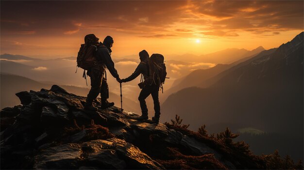 Foto alpinistas nas montanhas ao pôr-do-sol caminhantes com mochilas