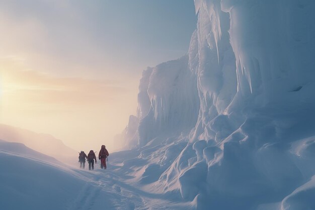 Alpinistas navegando em um labirinto de neve e gelo em 00597 01