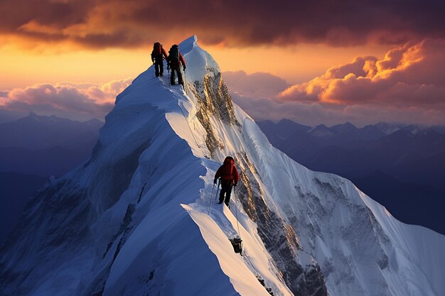 Alpinistas subiendo a un pico cubierto de nieve