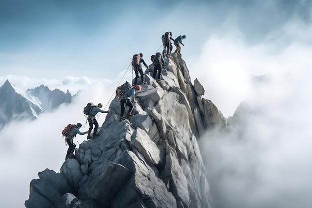 Alpinistas subindo um pico desafiador