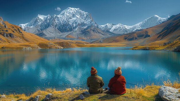 Foto alpinistas tajiques com chapéus tradicionais de lã descansando ao lado de um lago turquesa no pamir