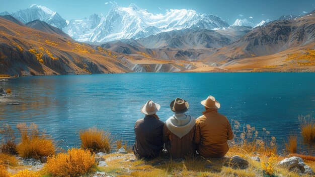 Foto alpinistas tajiques com chapéus tradicionais de lã descansando ao lado de um lago turquesa no pamir