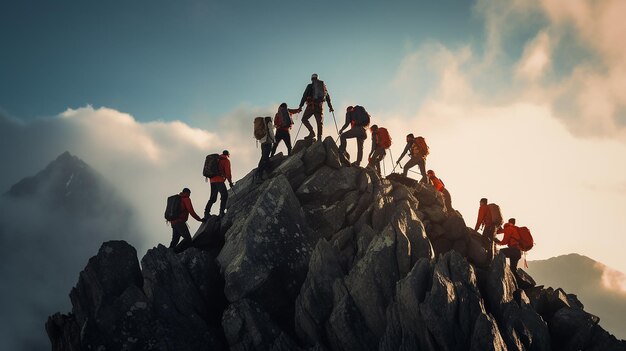 Foto alpinistas triunfantes conquistando el pico