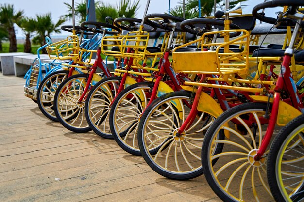 Alquiler de bicicletas para andar en bicicleta por el terraplén. Aparcamiento de bicicletas para toda la familia.