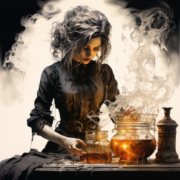 Foto alquimia encantada desatando la magia de la gastronomía molecular a través de una hechicera dibujada con tinta moviendo un b