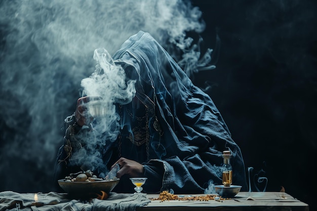 Foto el alquimista medieval hace rituales mágicos en la mesa en su laboratorio de humo.