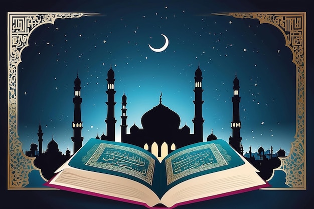 alquran quran koran libro de religión islámica con silueta de mezquita como fondo ilustración gráfica vectorial