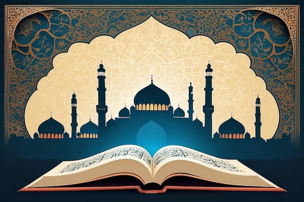 alquran quran koran libro de religión islámica con silueta de mezquita como fondo ilustración gráfica vectorial