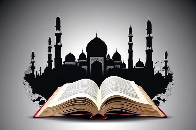 alquran quran koran libro de religión islámica con silueta de mezquita como fondo ilustración gráfica vectorial