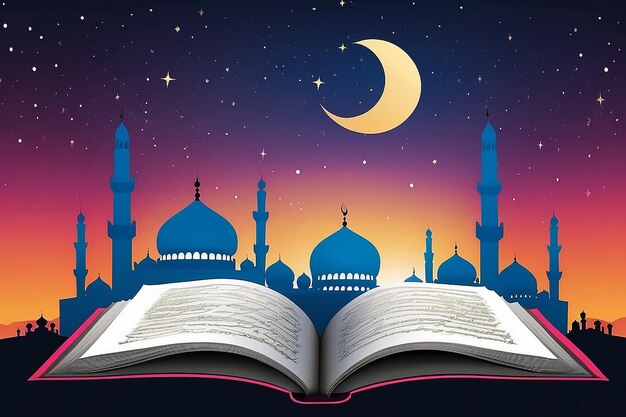 alquran quran koran libro de religión islámica con silueta de mezquita como fondo ilustración gráfica vectorial