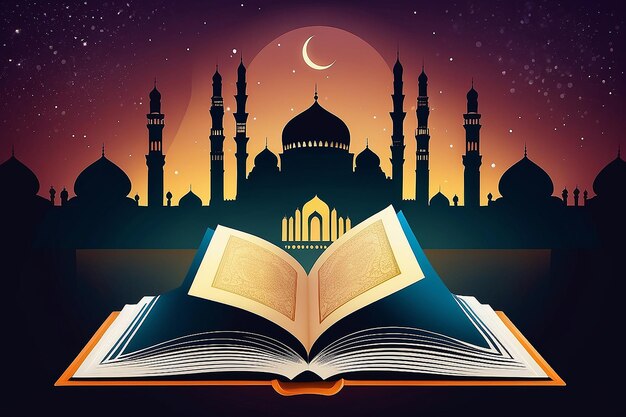 alquran quran koran libro de religión islámica con silueta de mezquita como fondo ilustración gráfica vectorial