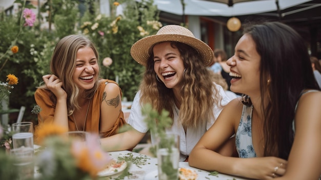 Alrededor de la mesa en un restaurante de verano, los amigos felices se ríen y sonríen ampliamente