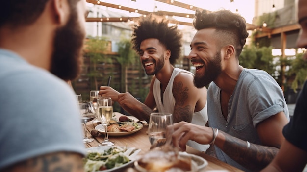 Alrededor de la mesa en un restaurante de verano, los amigos felices se ríen y sonríen ampliamente