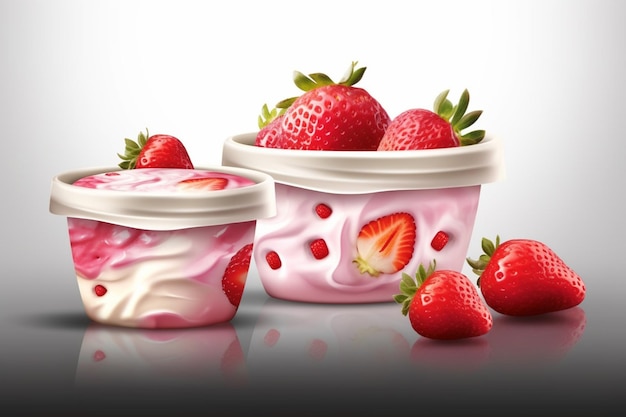 Als Beilage gibt es zwei Tassen Joghurt mit Erdbeeren