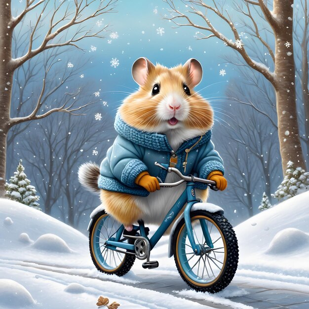 Als der entzückende anthropomorphe Hamster, der Winterkleidung anhatte, auf ihrem winzigen Fahrrad fuhr,