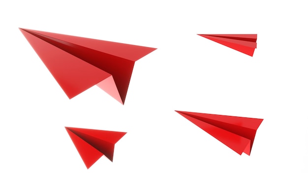 Als erster im Wettkampf aufzusteigen, erscheint ein rotes Papierflugzeug auf einem weißen Hintergrund3d-Rendering