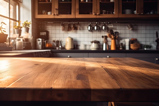 Als Hintergrund dienen verschwommenes Kücheninterieur und ein Holzschreibtisch in häuslicher Umgebung