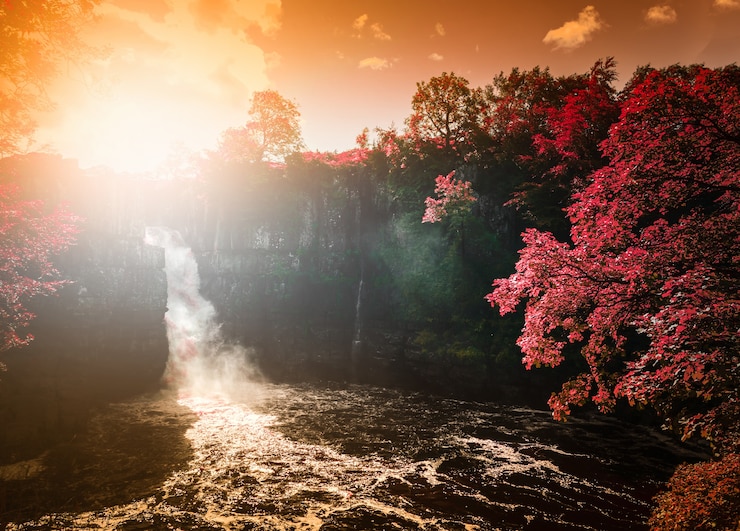 Foto alta força cachoeira vistas da margem sul do rio tees no pennine way em woo