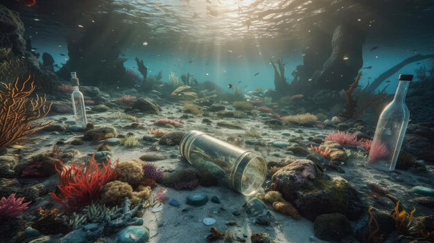 Alta poluição plástica no fundo do mar Coberto com garrafas de plástico, sacos e detritos criados com IA