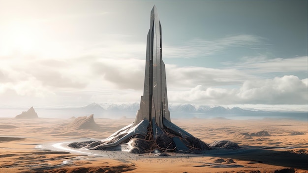 Alta torre futurista coberta com materiais brilhantes construída no deserto Generative AI