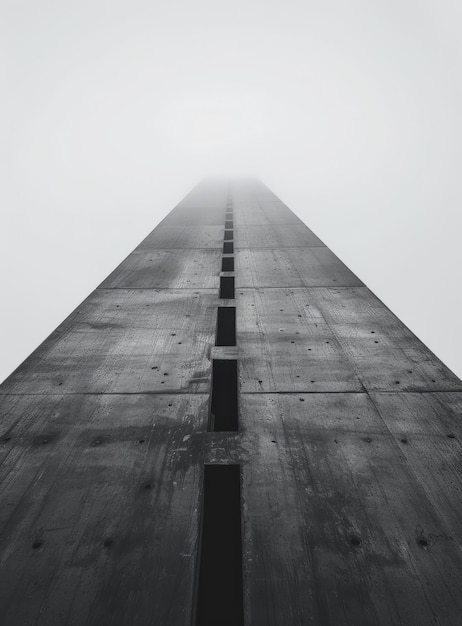 Una alta torre de hormigón envuelta en la niebla