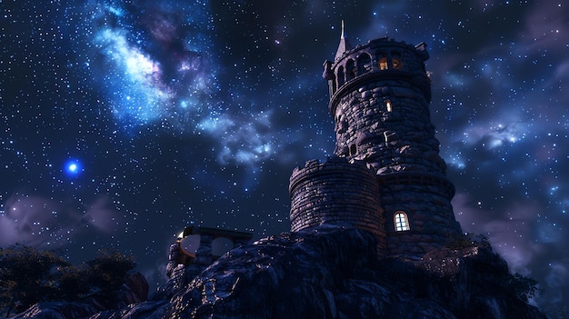 Foto una alta torre solitaria se encuentra en la cima de una colina rocosa el cielo nocturno es oscuro y lleno de estrellas la torre está hecha de piedra tosca