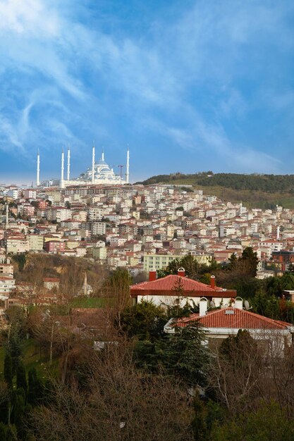 Alta vista de la mezquita y residencias en la ciudad de Estambul