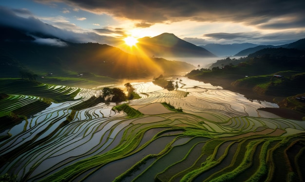 Alta vista panorámica de los hermosos campos de arroz verdes en Asia impresionante fondo de viaje