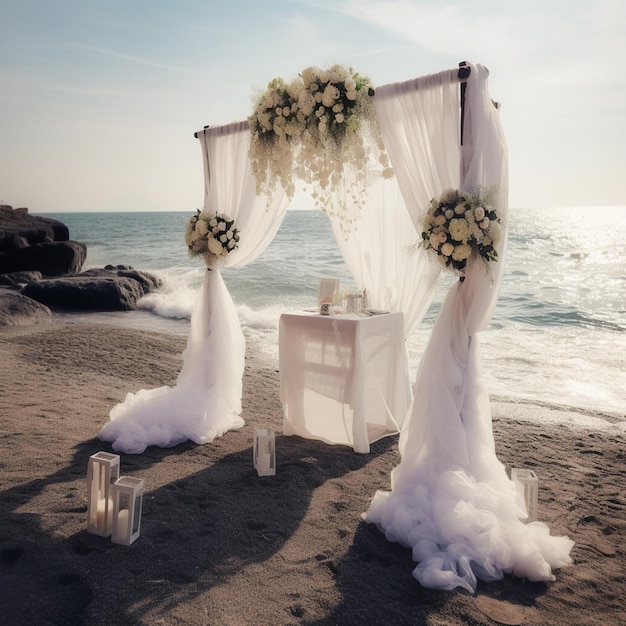 Un altar de bodas con una cortina blanca y flores en la playa.