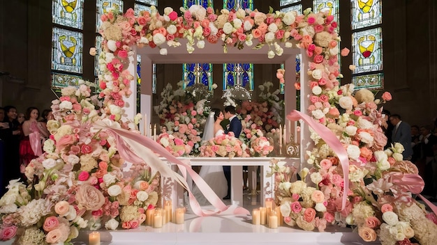 El altar de bodas cuadrado decorado con ramos de flores se mantiene