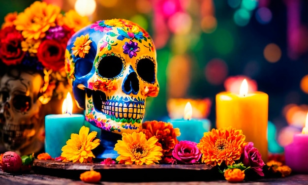 Foto altar com flores de crânio e velas para o feriado do dia dos mortos foco seletivo