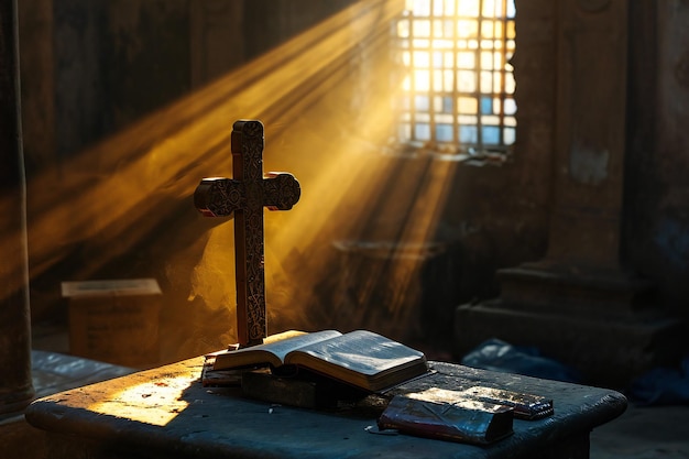 Foto un altar con una cruz brillantemente iluminada por el suave resplandor de las velas