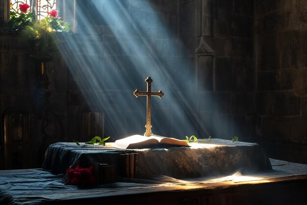 Un altar con una cruz y la luz del sol desde la ventana