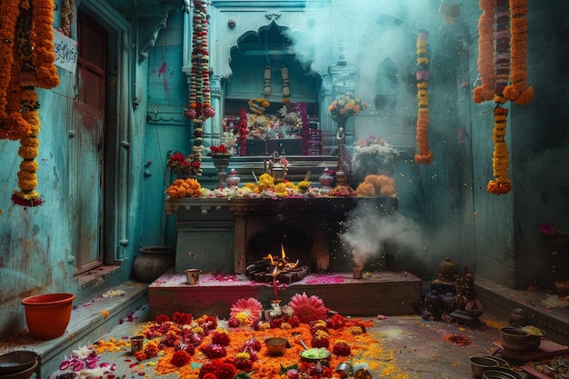 Altar de flores vibrante do templo