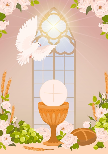 Altar decorado na igreja Elementos para a primeira comunhão pão santo copo vinho A presença do espírito santo no templo na forma de uma pomba branca radiante Design de cartão de felicitações