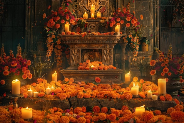 Foto altar del día de los muertos con flores y velas de cempasuchil