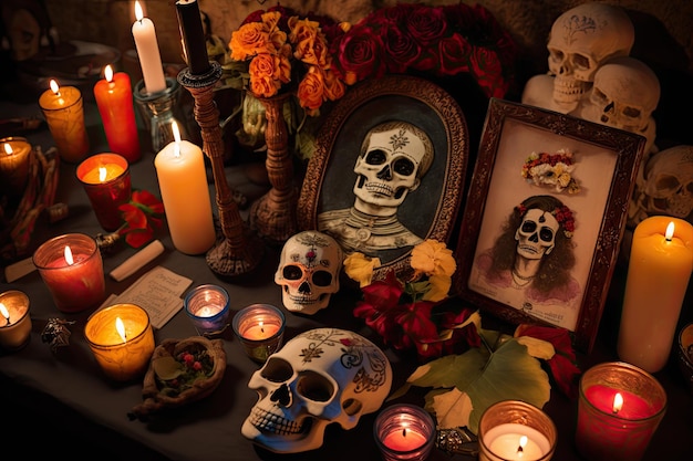 Altar de día de muertos con ofrendas de velas y fotografías de seres queridos