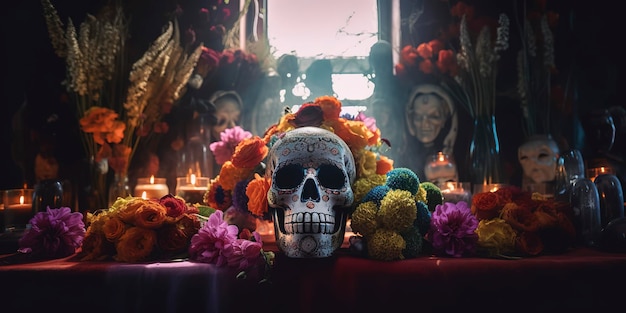 Altar del Día de los Muertos que muestra una colorida calavera en medio de decoraciones florales IA generativa