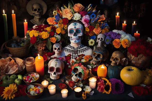 Altar de dia de muertos rebosante de flores de colores velas y altares