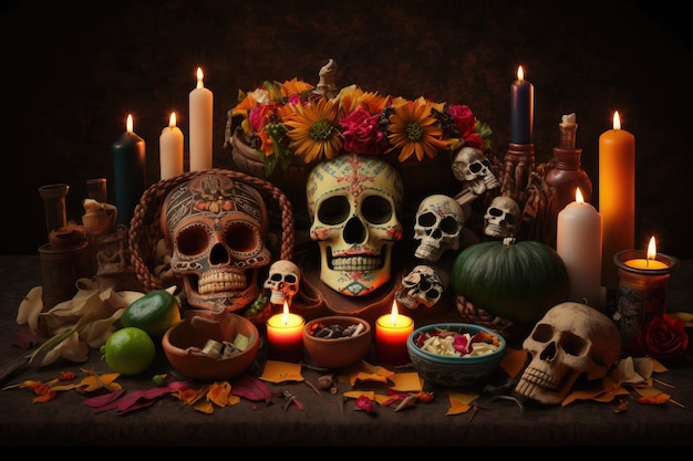 Altar de día de muertos con velas y ofrendas para honrar a los seres queridos fallecidos