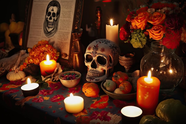Altar do dia dos mortos adornado com velas, flores e oferendas