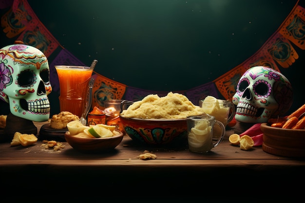 Altar do Dia dos Mortos com Flores de Caveira de Açúcar e Cabeça de Esqueleto de Alimentos Bandeira do Festival Mexicano