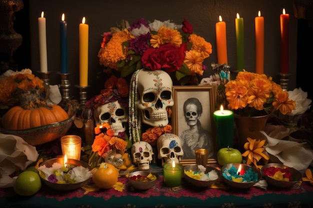 Altar do dia dos mortos transbordando de flores coloridas, velas e altares