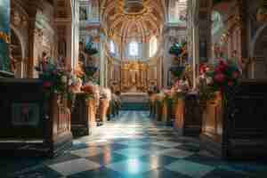 Foto el altar dorado y la armonía floral en la iglesia católica durante la pascua