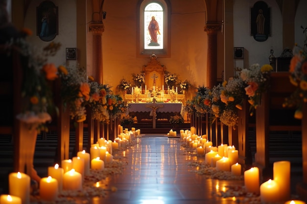 Foto el altar dorado y la armonía floral en la iglesia católica durante la pascua