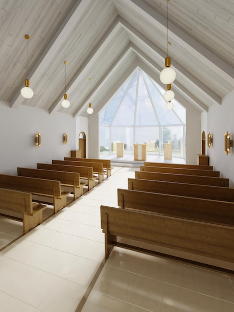 Altar e interior de la iglesia catalítica con bancos de madera y una gran ventana del atrio